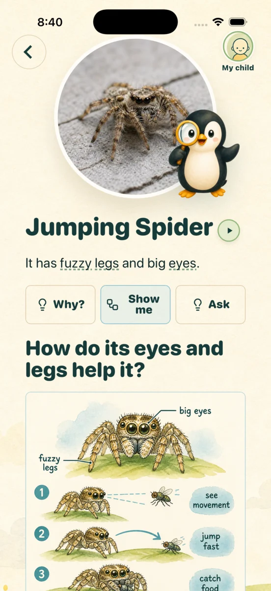 WhatThat iPhone screenshot showing a kid-friendly jumping spider answer and visual explanation.