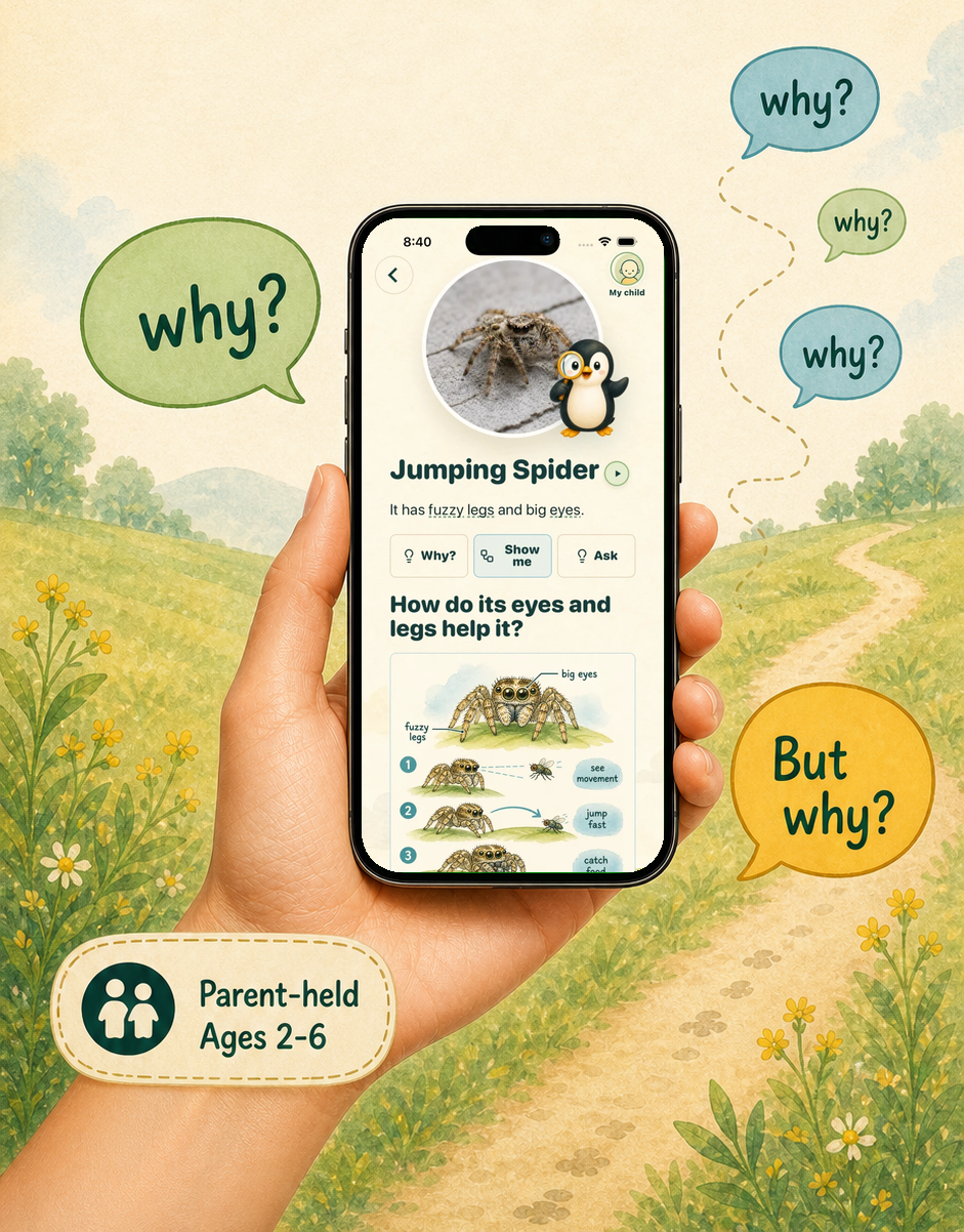 A hand holding WhatThat on an iPhone, with parent-held and why question callouts.