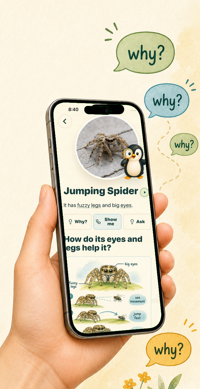 A parent holding WhatThat on an iPhone with a spider answer on screen.